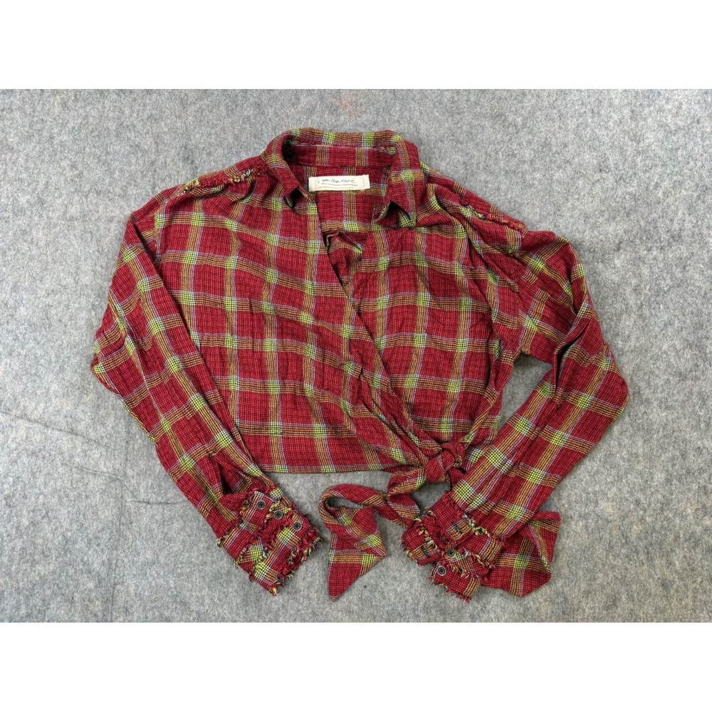 We The Free Plaid Wrap Top Women Small Red Cotton Boho Grunge Tie Front Blouse